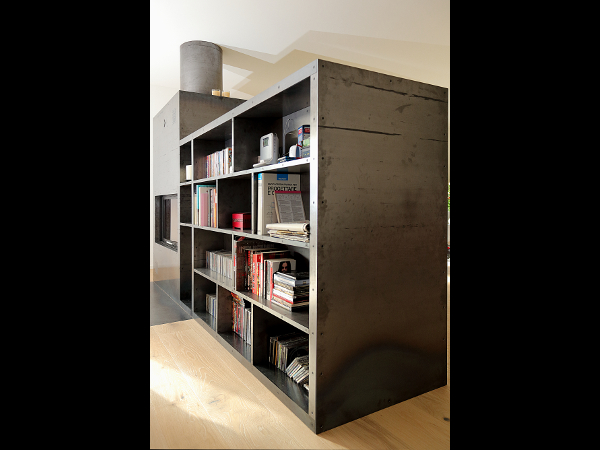 Rivestimento caminetto con libreria e televisore