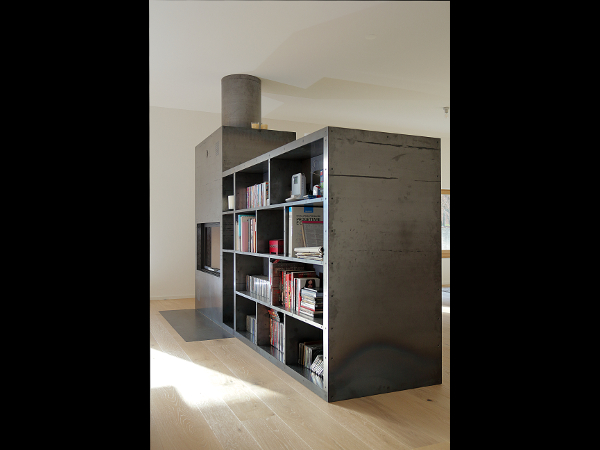 Rivestimento caminetto con libreria e televisore